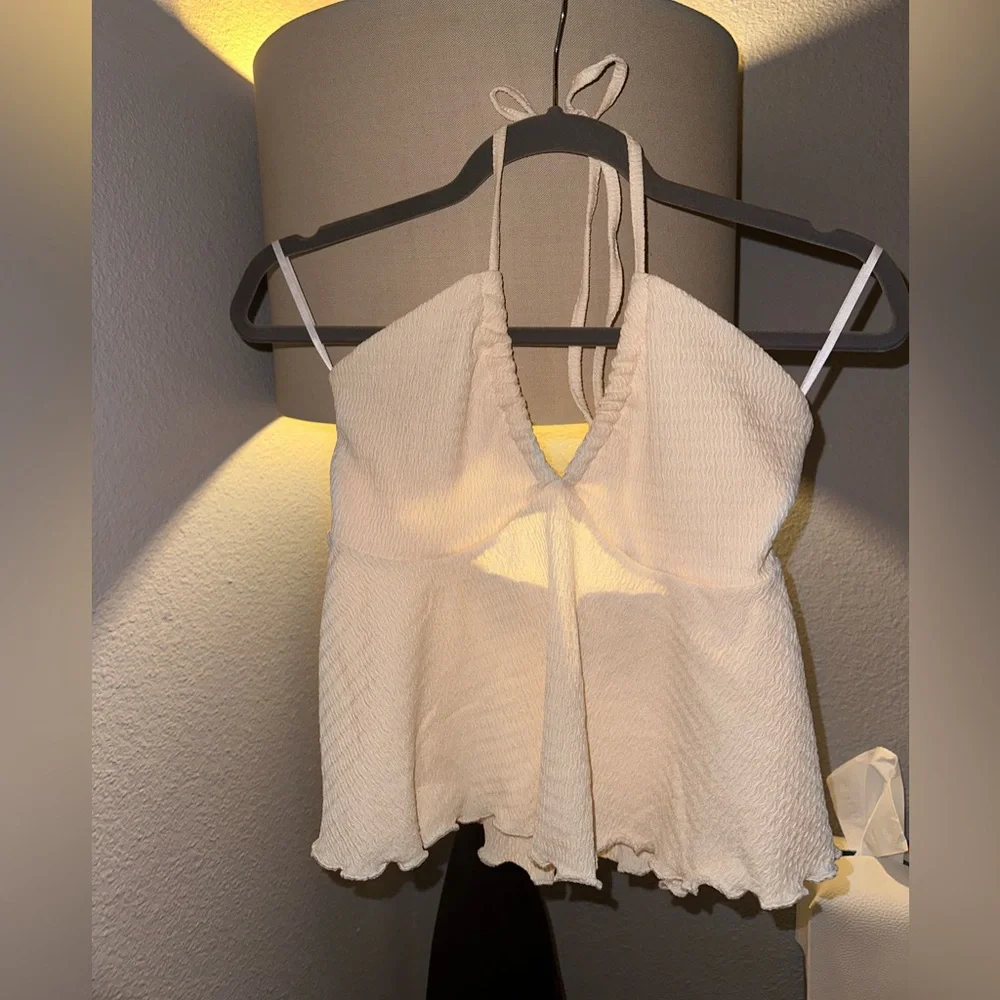 NEW Textured Beige Halter Crop Top Versatile Keyhole Tube Ties A-Line Swing XS - Picture 7 of 10